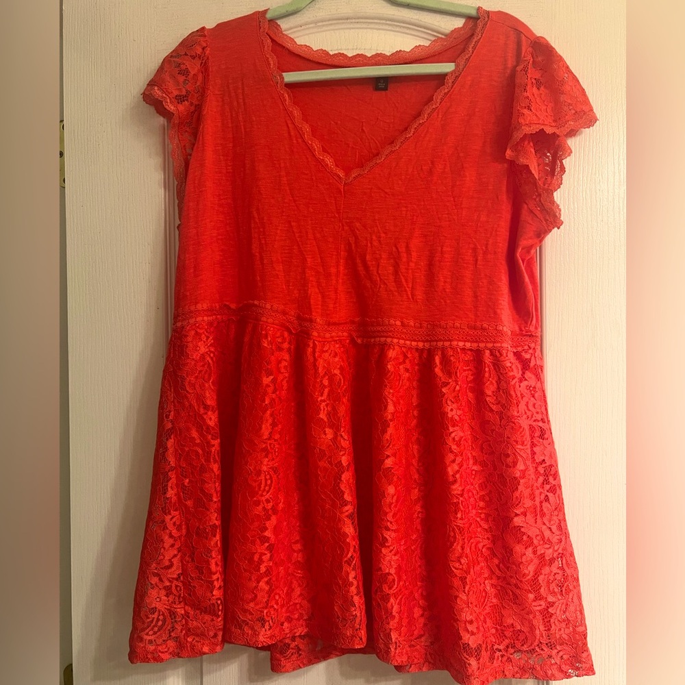 Torrid Babydoll Valentine Mix Super Soft V-Neck Lace Trim Hot Pink Top - size 0